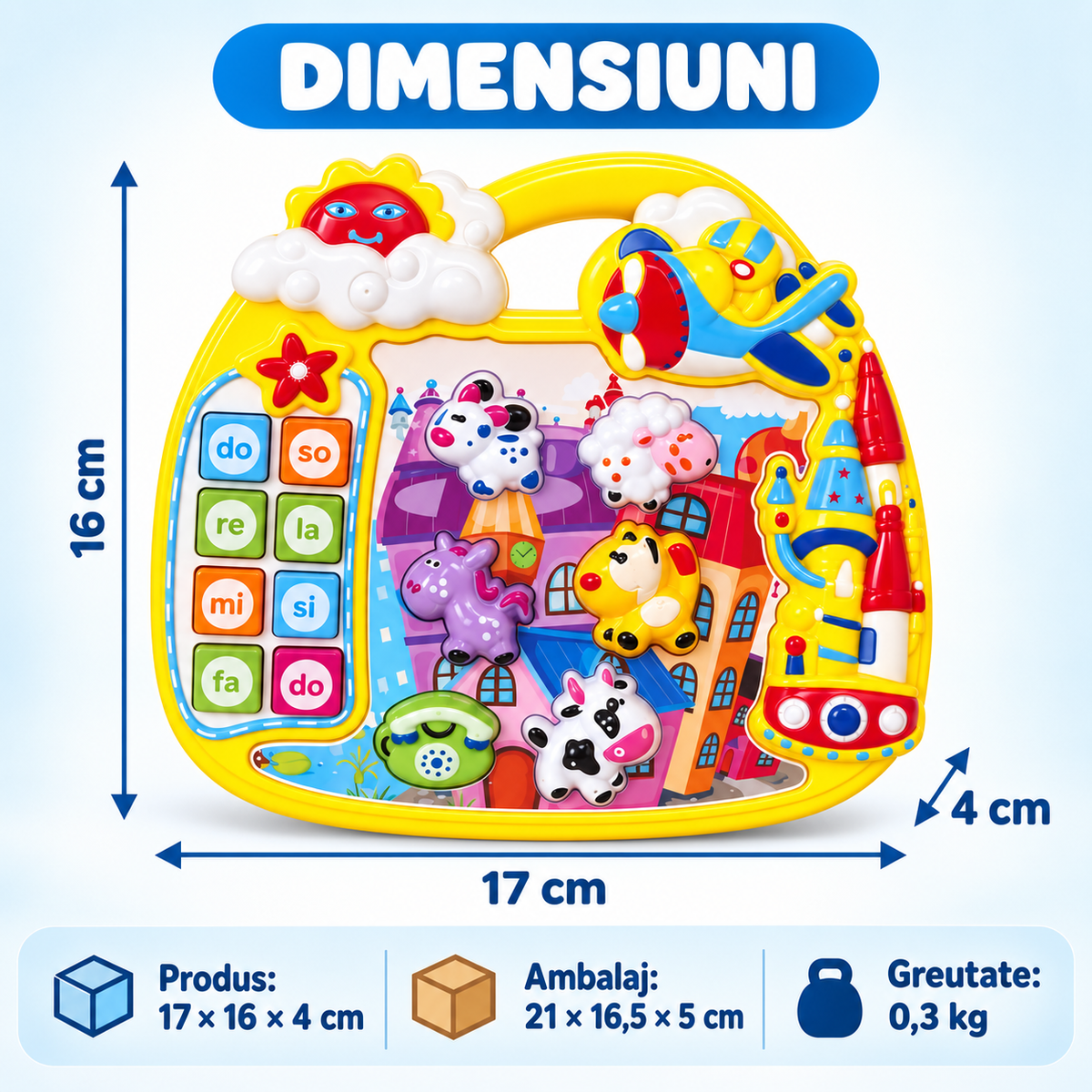 Dimensiunile jucăriei interactive Ferma Animalelor LUDIRO, 17 x 16 x 4 cm