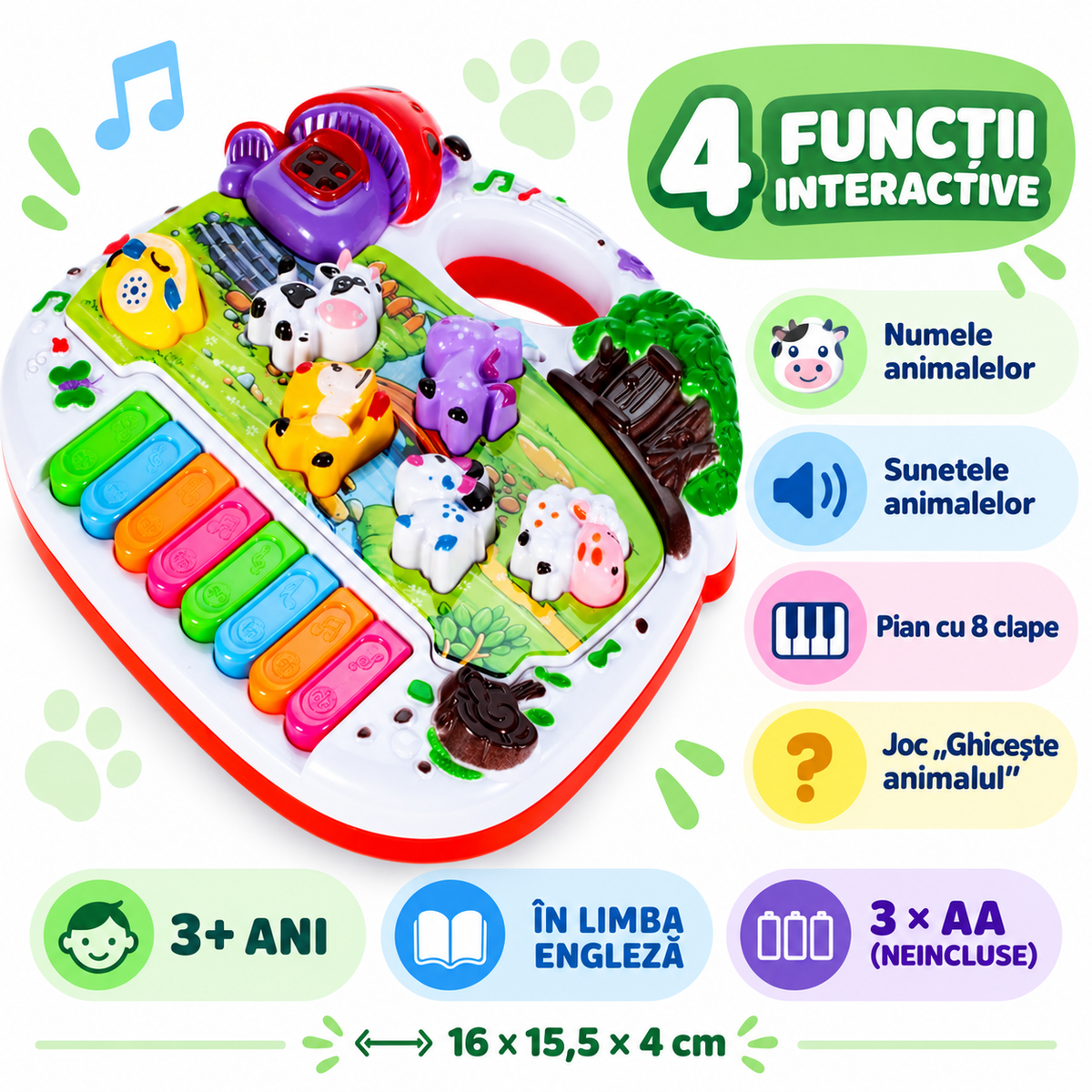 Infografic jucărie interactivă Ferma Animalelor LUDIRO cu 4 funcții, 3+ ani