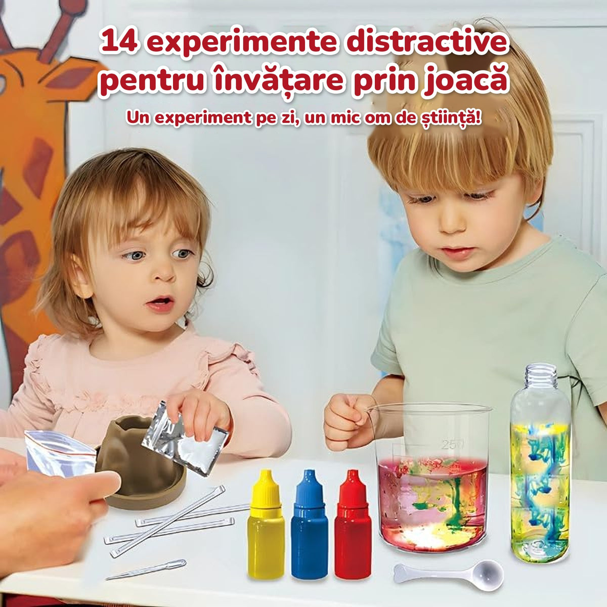 Doi copii privesc paharul cu ploaie colorată și coloranții din kit, sub titlul 14 experimente distractive