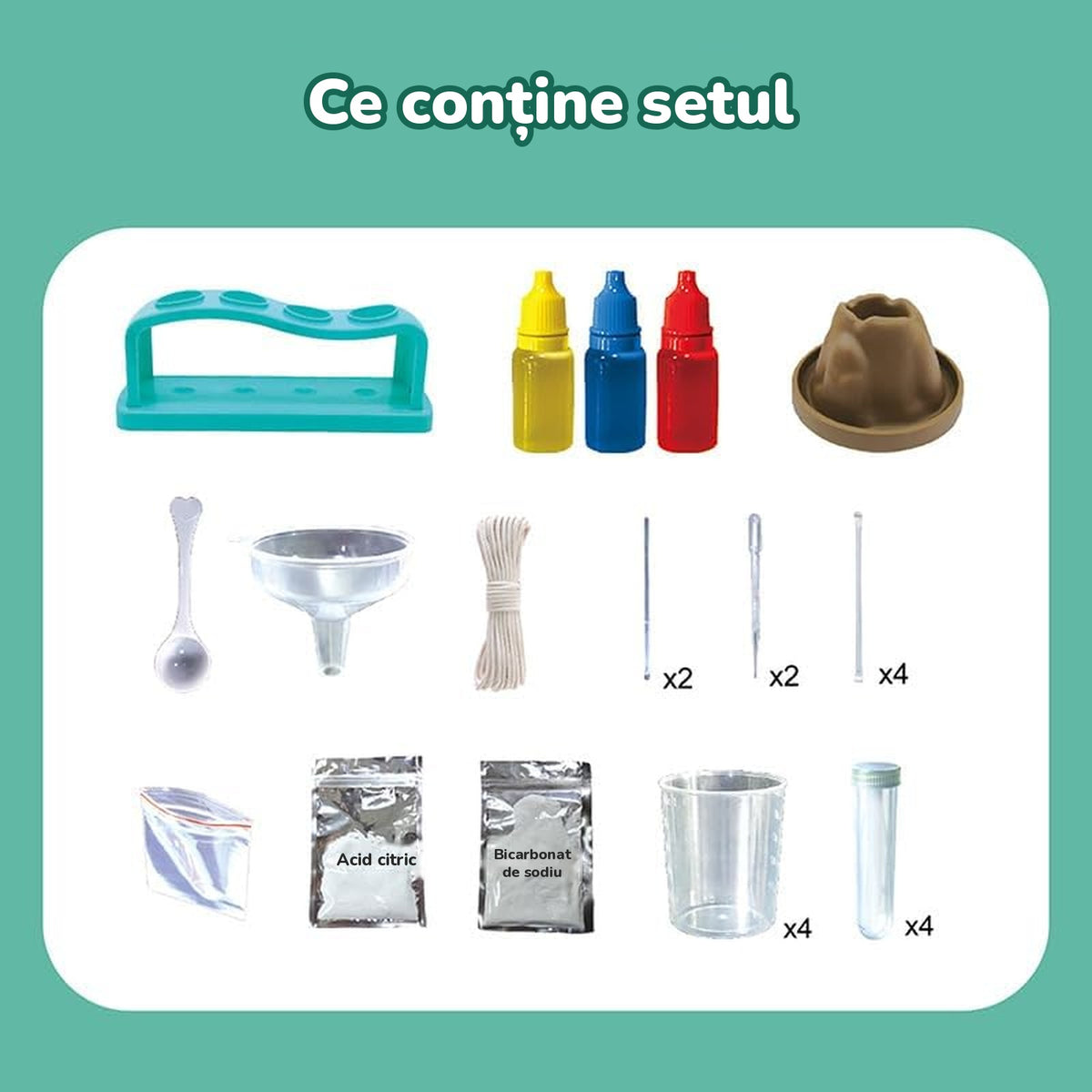 Conținutul kitului: suport, 4 eprubete, 4 pahare gradate, vulcan, pâlnie, pipete, 3 coloranți, acid citric și bicarbonat