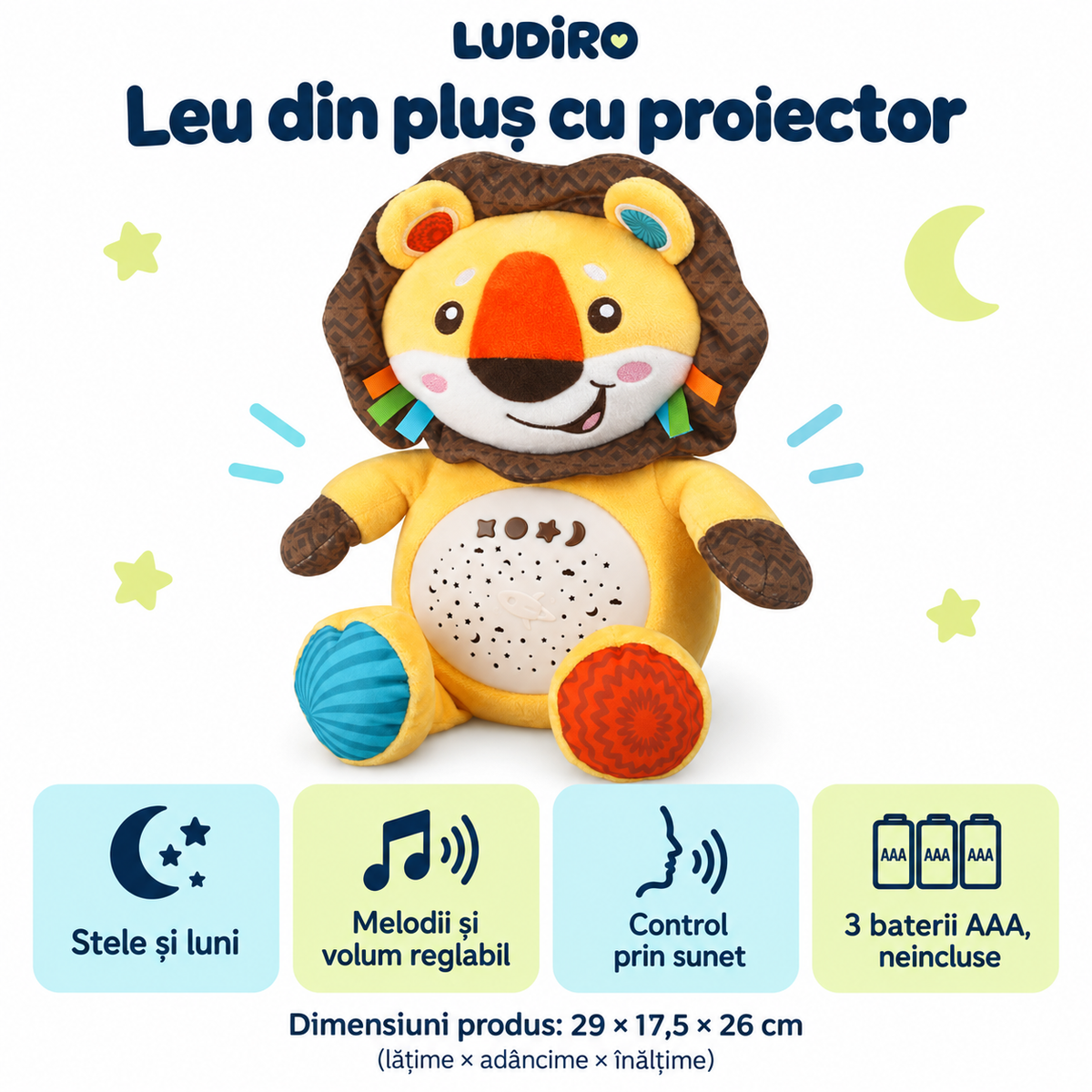 Funcțiile leului LUDIRO: proiecție de stele, melodii, volum reglabil, control prin sunet, 3 baterii AAA și dimensiuni de 29 × 17,5 × 26 cm.