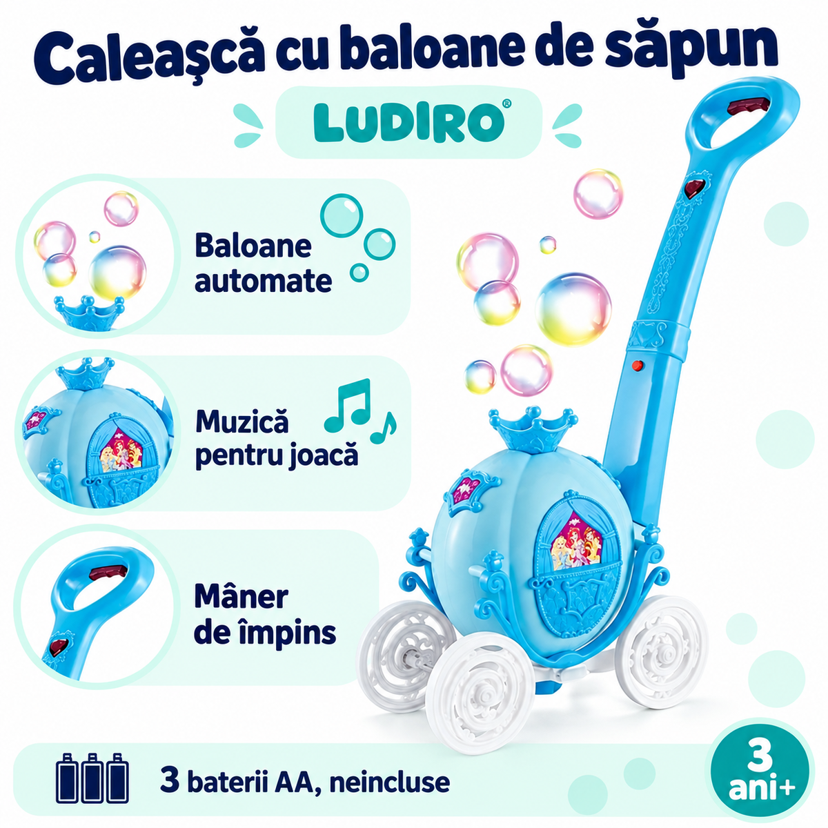 Funcțiile caleștii albastre LUDIRO: baloane automate, muzică, mâner de împins și alimentare cu 3 baterii AA neincluse.