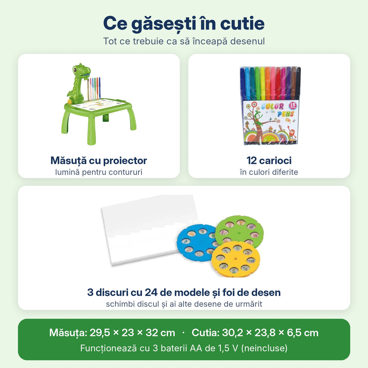 Conținutul măsuței dinozaur resigilate: proiector, 12 carioci, 3 discuri, foi de desen, dimensiuni