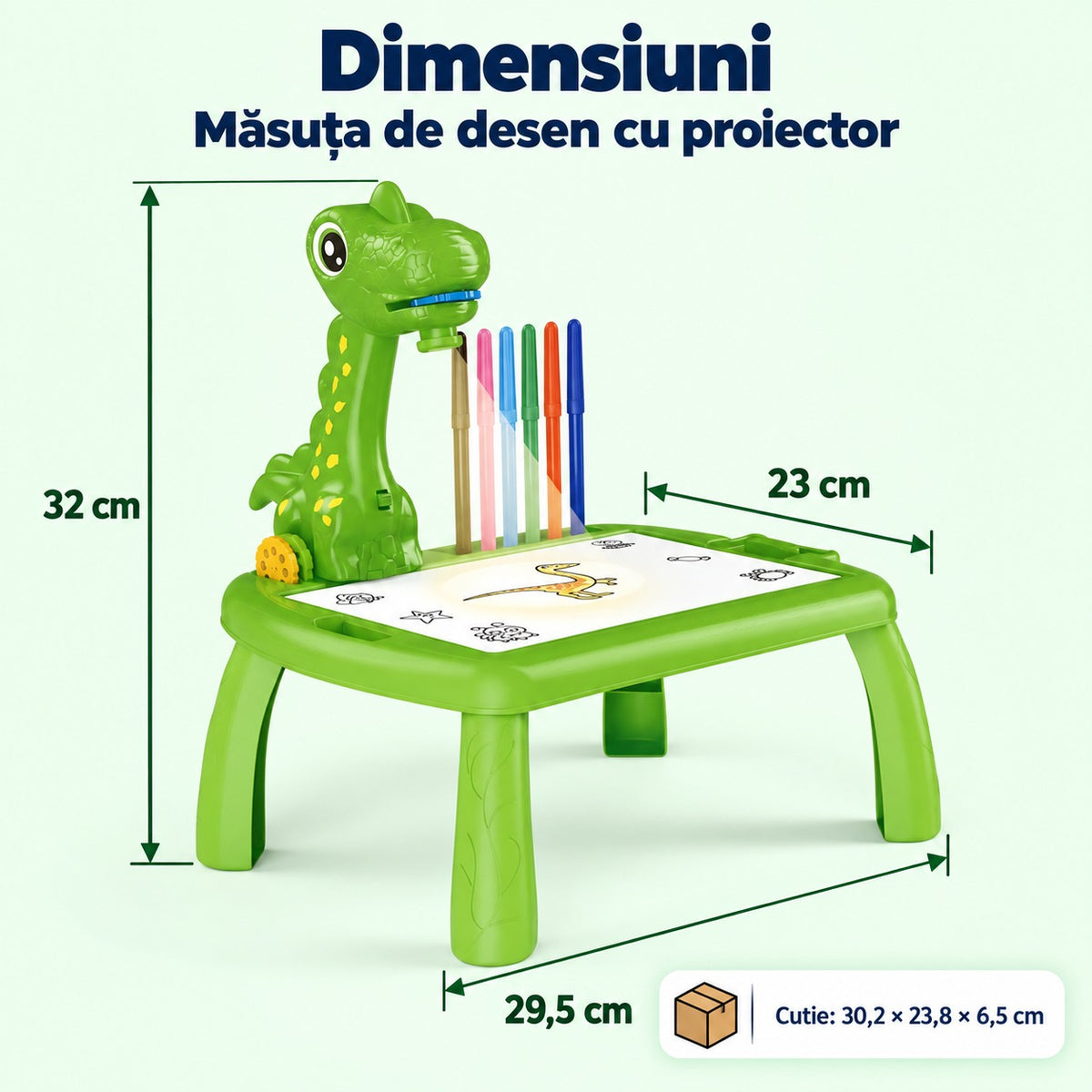 Dimensiunile măsuței de desen dinozaur resigilate: 29,5 × 23 × 32 cm, cutie de 30,2 × 23,8 × 6,5 cm