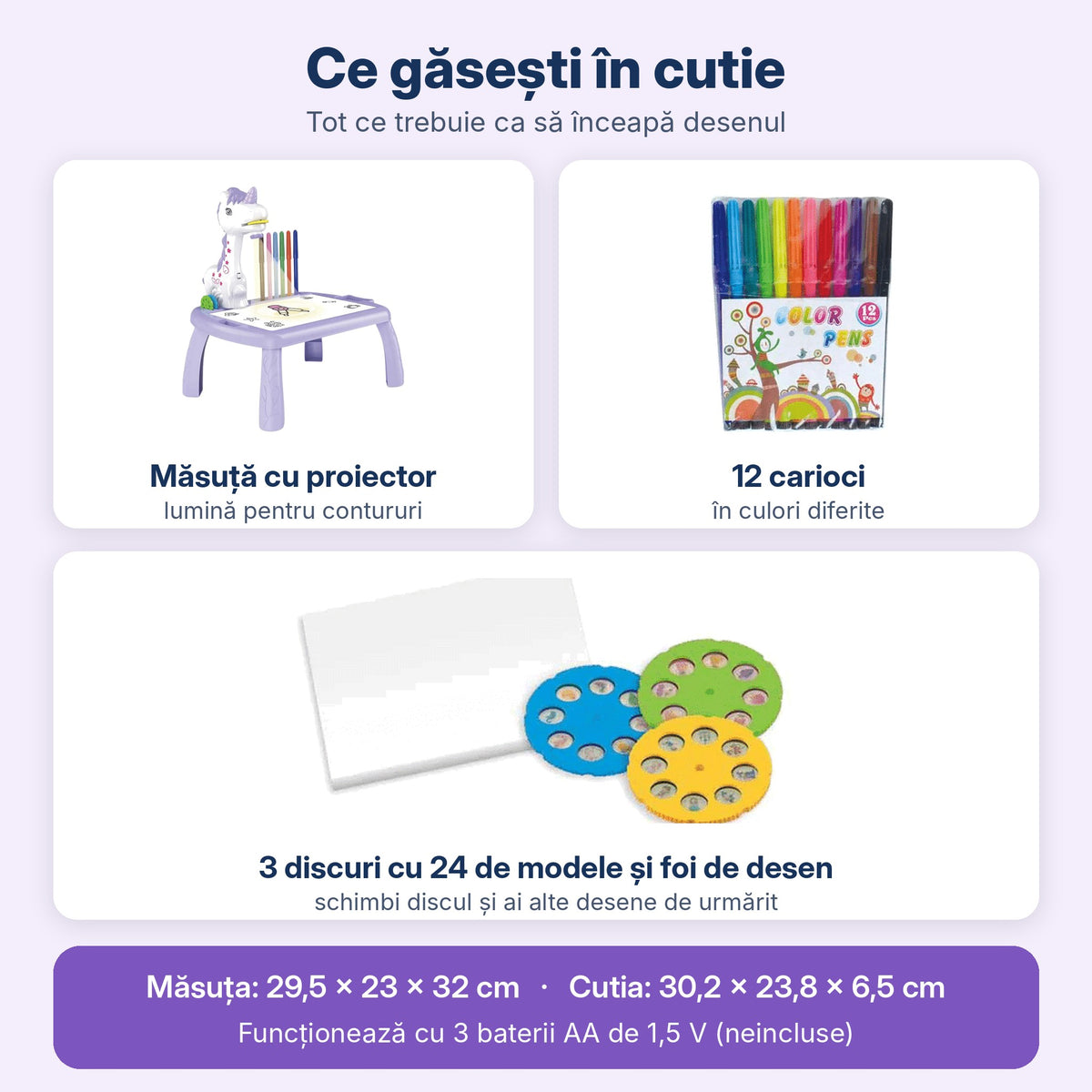 Conținutul măsuței unicorn resigilate: proiector, 12 carioci, 3 discuri, foi de desen, dimensiuni