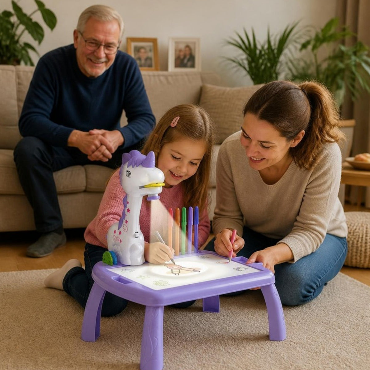 Familie la desen: fetița colorează la măsuța cu proiector unicorn resigilată, cu mama alături
