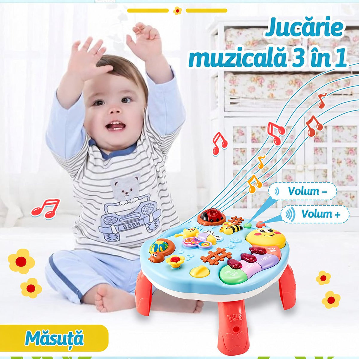 Copil lângă măsuța muzicală LUDIRO 3 în 1, cu indicarea comenzilor de volum în română