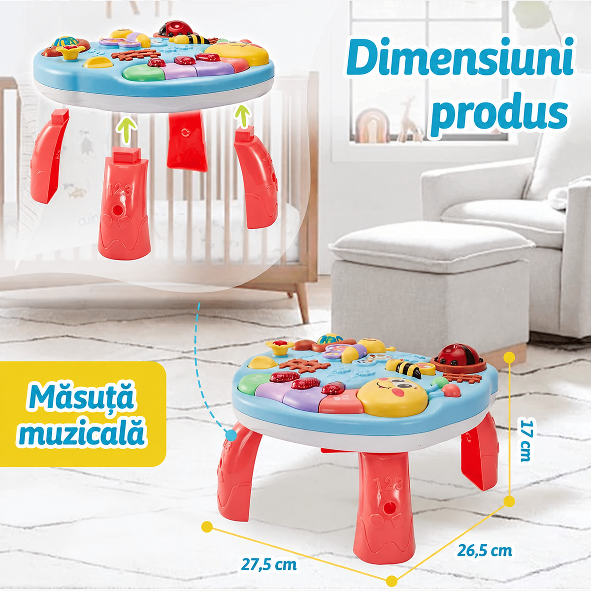 Dimensiunile măsuței muzicale LUDIRO: 26,5 × 27,5 × 17 cm, cu ilustrarea montării celor patru picioare