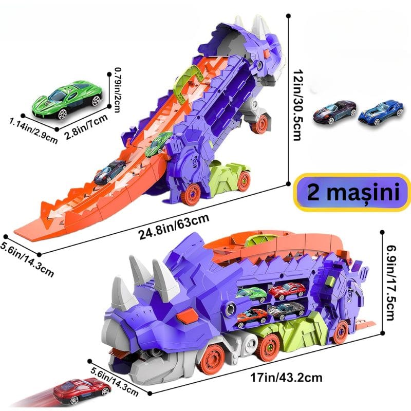 Set Multifunctional Dinozaur 2-in-1, Camion de Transport si Rampa de Lansare cu 2 Masinute, Distractie, Educatie si Dezvoltarea Creativitatii pentru Copii, + 3 Ani, Albastru Portocaliu - LUDIRO