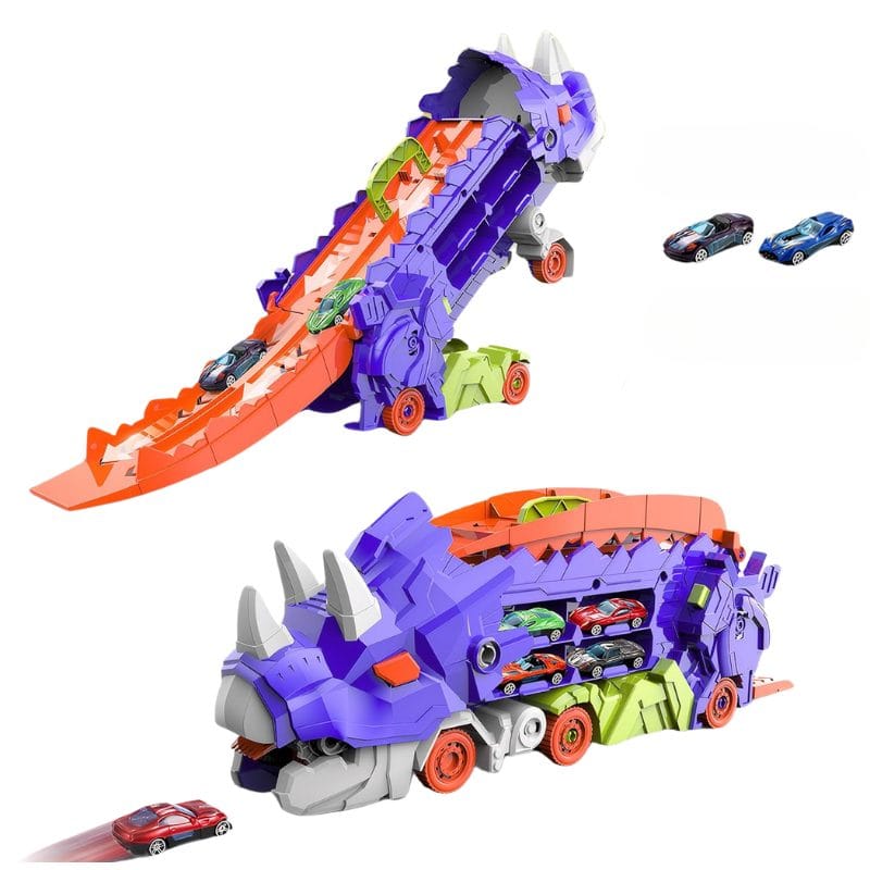 Set Multifunctional Dinozaur 2-in-1, Camion de Transport si Rampa de Lansare cu 2 Masinute, Distractie, Educatie si Dezvoltarea Creativitatii pentru Copii, + 3 Ani, Albastru Portocaliu - LUDIRO