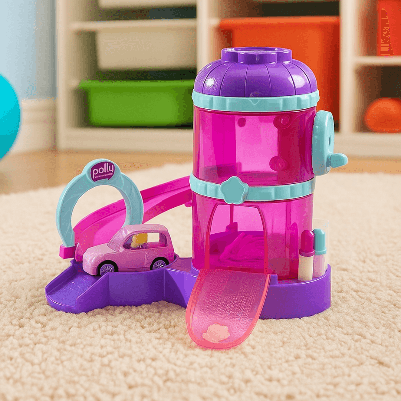 Garajul Fermecat cu Rampă & Mașinuță – Set de joacă Polly Pocket, 25 cm, Pentru Copii +3 Ani - LUDIRO