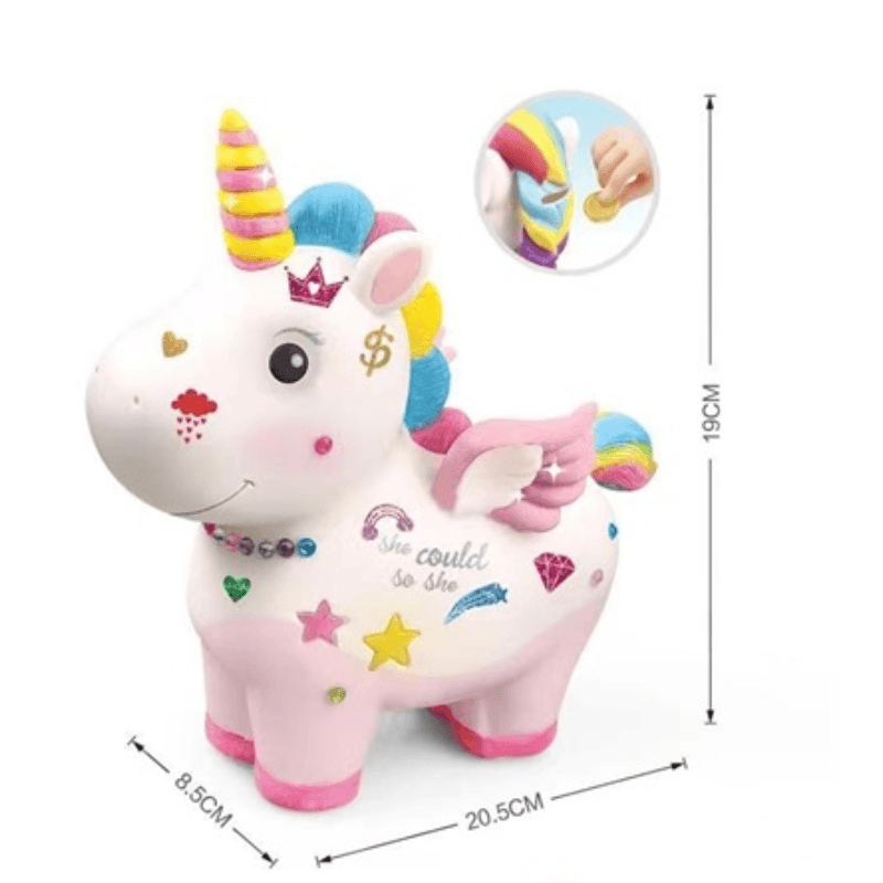 Pușculiță Unicorn – exemplu de decorare și dimensiuni 20,5 × 8,5 × 19 cm