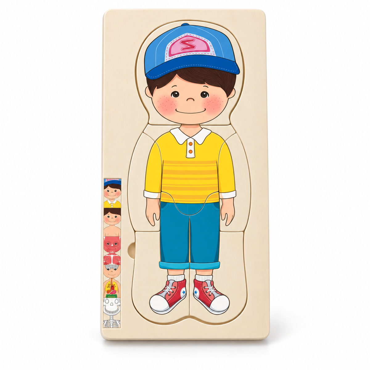 Puzzle din lemn Corpul Uman LUDIRO Băiețel, complet asamblat, cu ghid vizual lateral