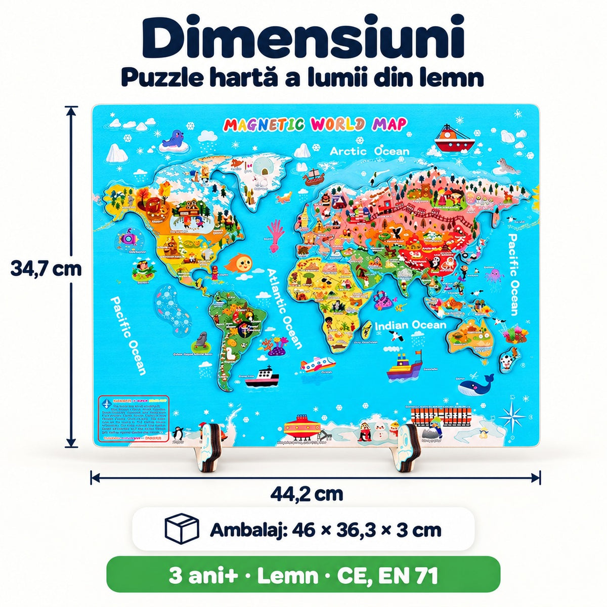 Dimensiunile puzzle-ului hartă a lumii din lemn: 44,2 × 34,7 cm, ambalaj de 46 × 36,3 × 3 cm, 3 ani+