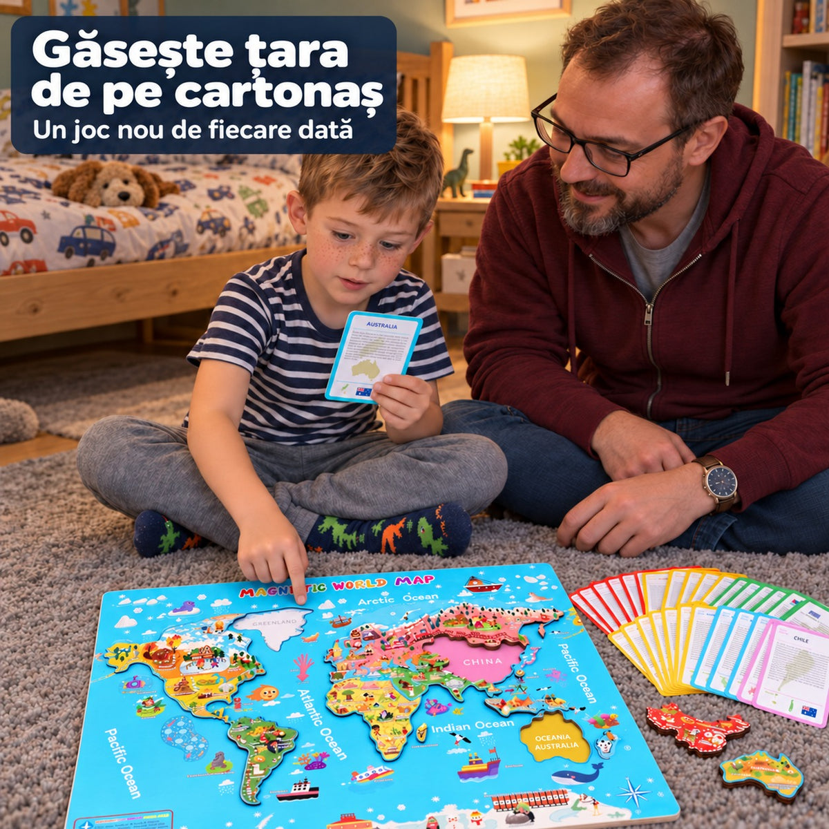 Băiat care citește un cartonaș cu Australia și arată țara pe harta lumii din lemn, lângă tatăl lui