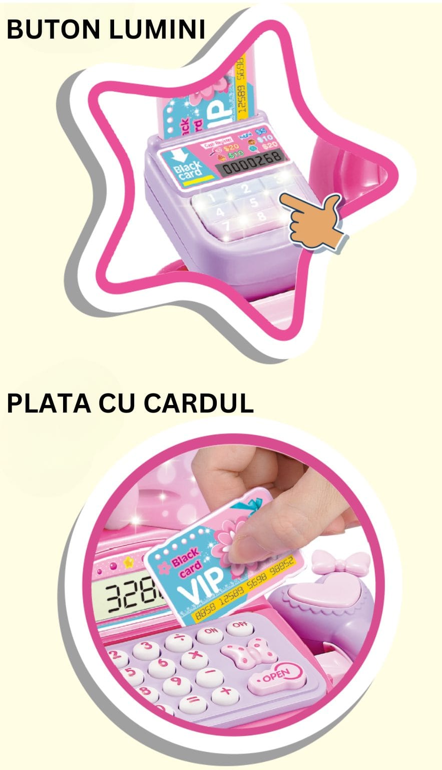 Butonul pentru lumini și introducerea cardului de joacă în casa de marcat roz