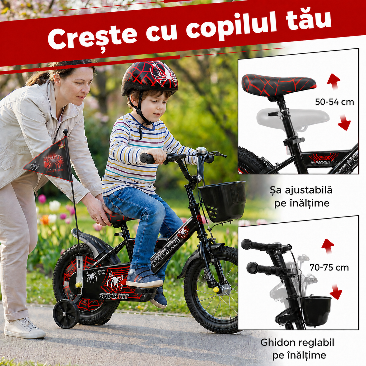Bicicletă copii 14 inch LUDIRO Spider Net, negru-roșu, cu cască, steag, roți ajutătoare și coș frontal, 3-6 ani - LUDIRO