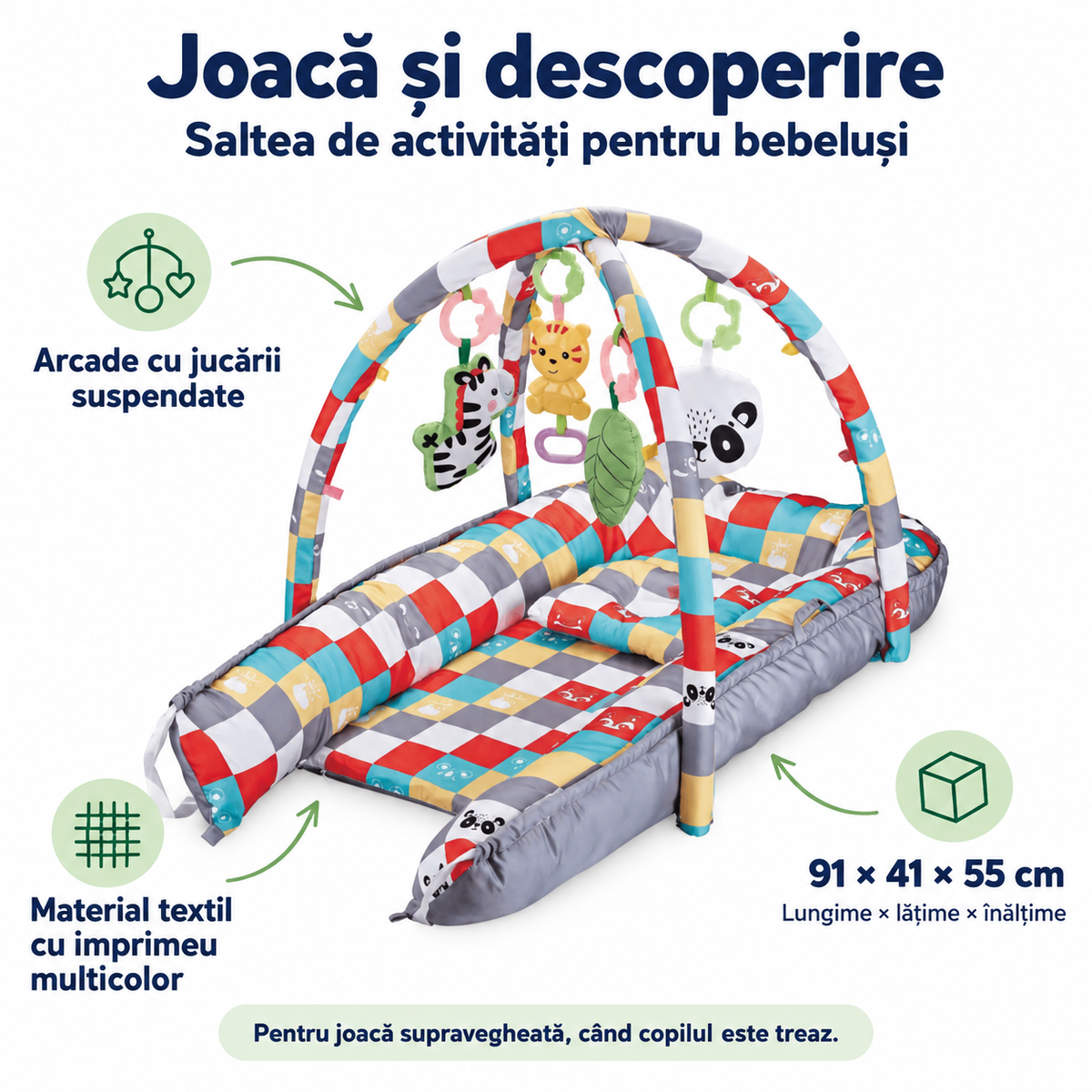 Caracteristicile saltelei de joacă LUDIRO: arcade cu jucării suspendate, material textil multicolor și dimensiuni de 91 × 41 × 55 cm.