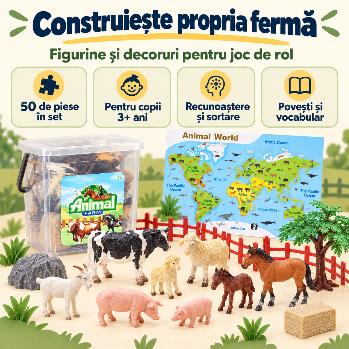Infografic LUDIRO: set de fermă cu 50 de piese, pentru copii de la 3 ani, pentru recunoaștere, sortare, povești și vocabular.
