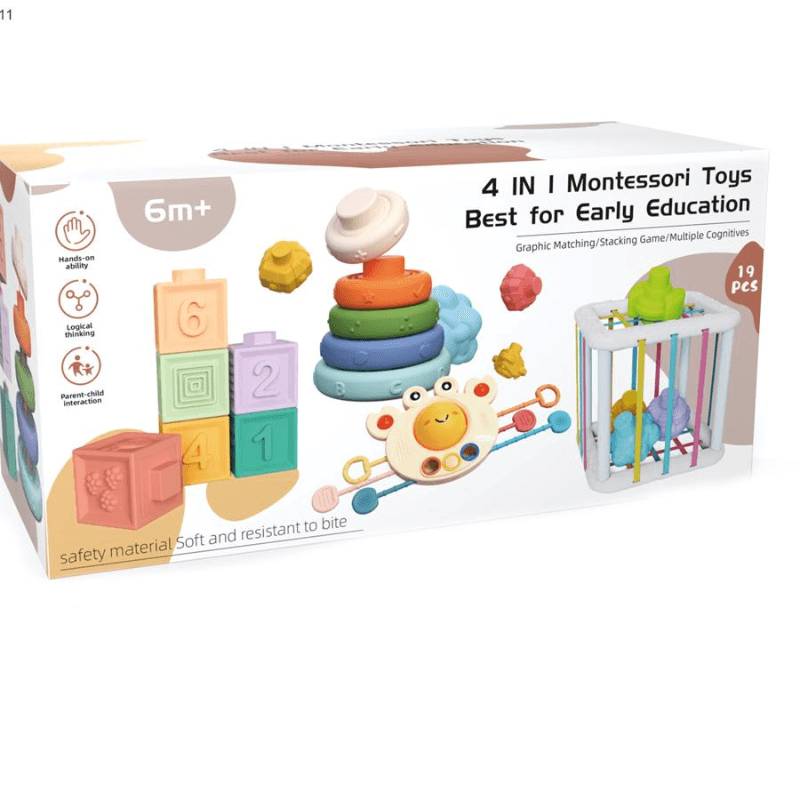 Ambalajul setului Montessori 4 în 1 pentru vârsta de 6 luni+