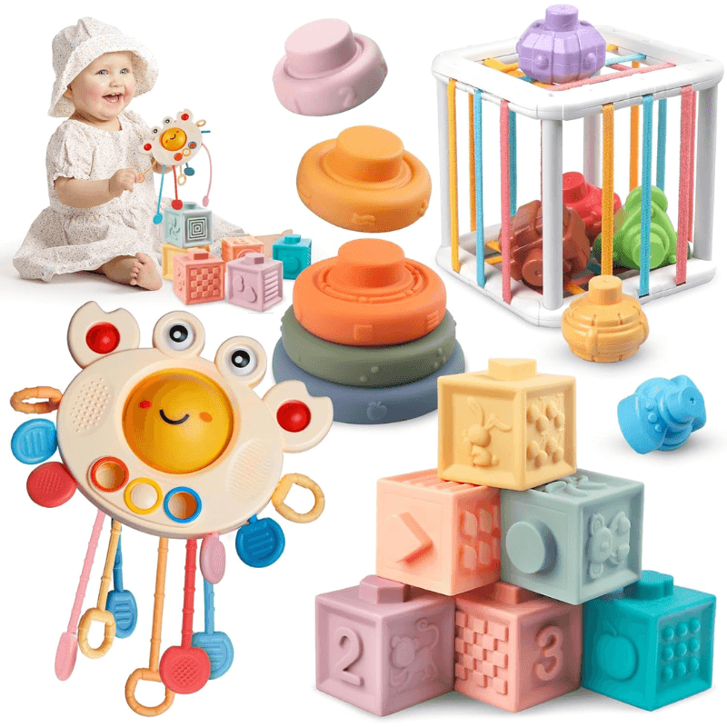 Set Montessori LUDIRO 4 în 1 cu cuburi, inele, crab și sortator elastic