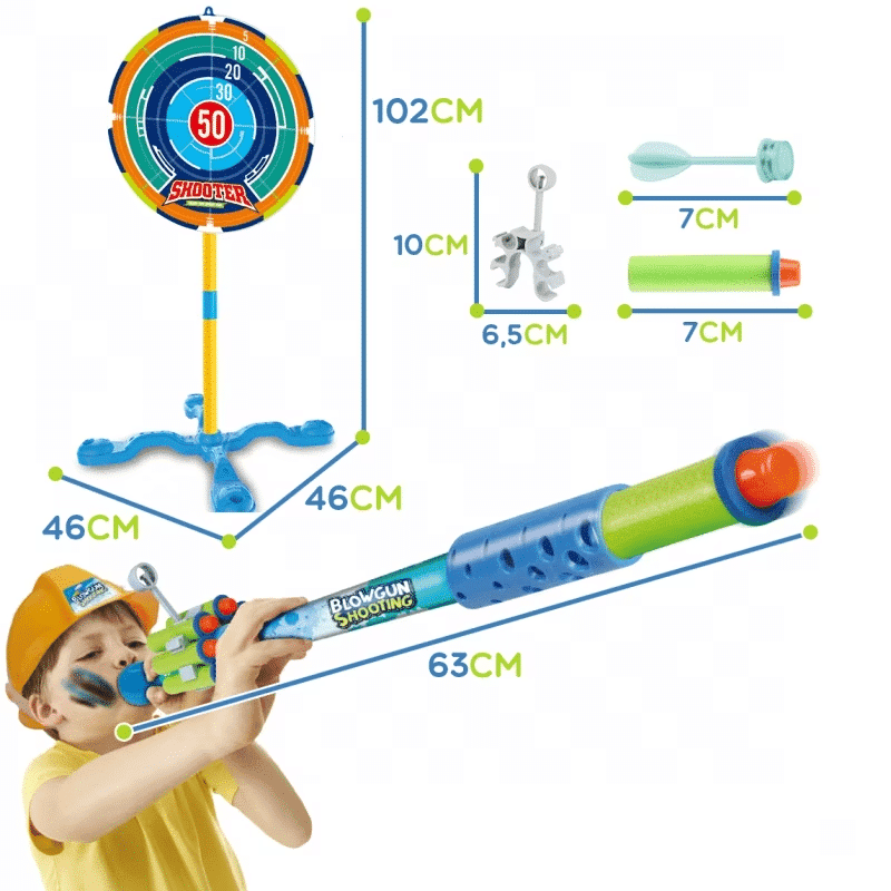 Dimensiuni: tub de suflat de 63 cm și suport pentru țintă de 102 cm