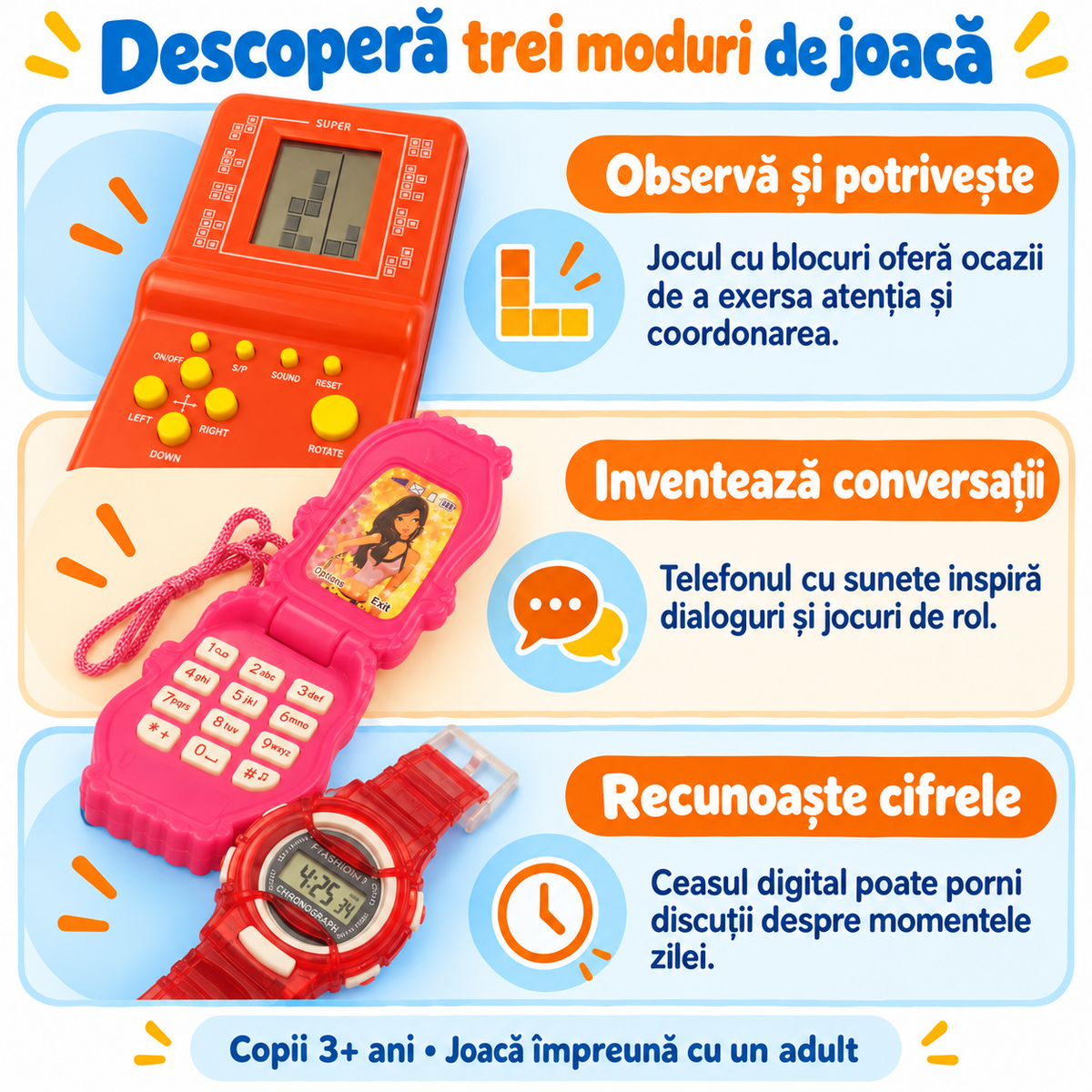 Funcțiile setului: joc cu blocuri pentru atenție, telefon pentru conversații imaginare și ceas digital pentru familiarizarea cu cifrele
