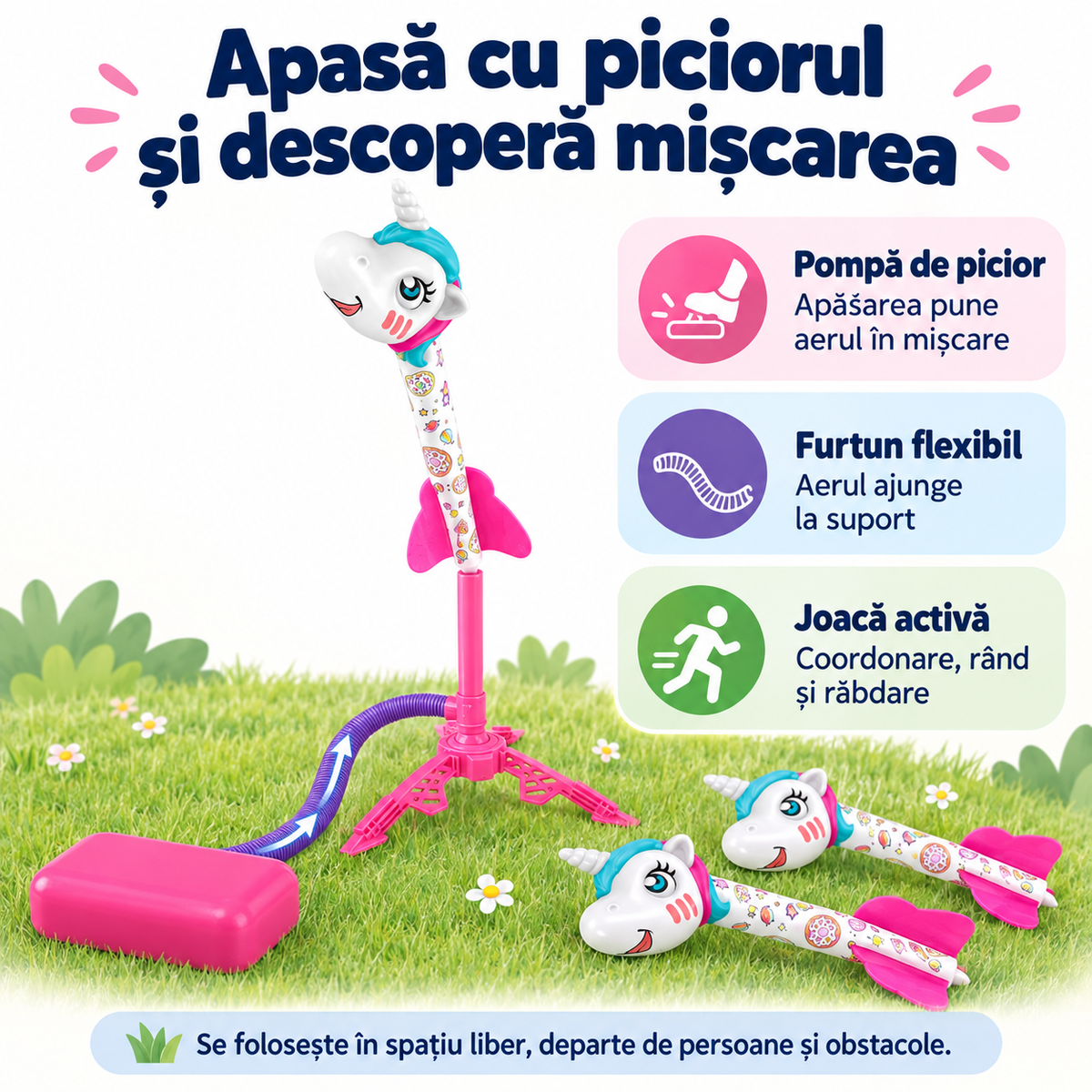 Setul Unicorn funcționează prin apăsarea pompei cu piciorul și deplasarea aerului prin furtun