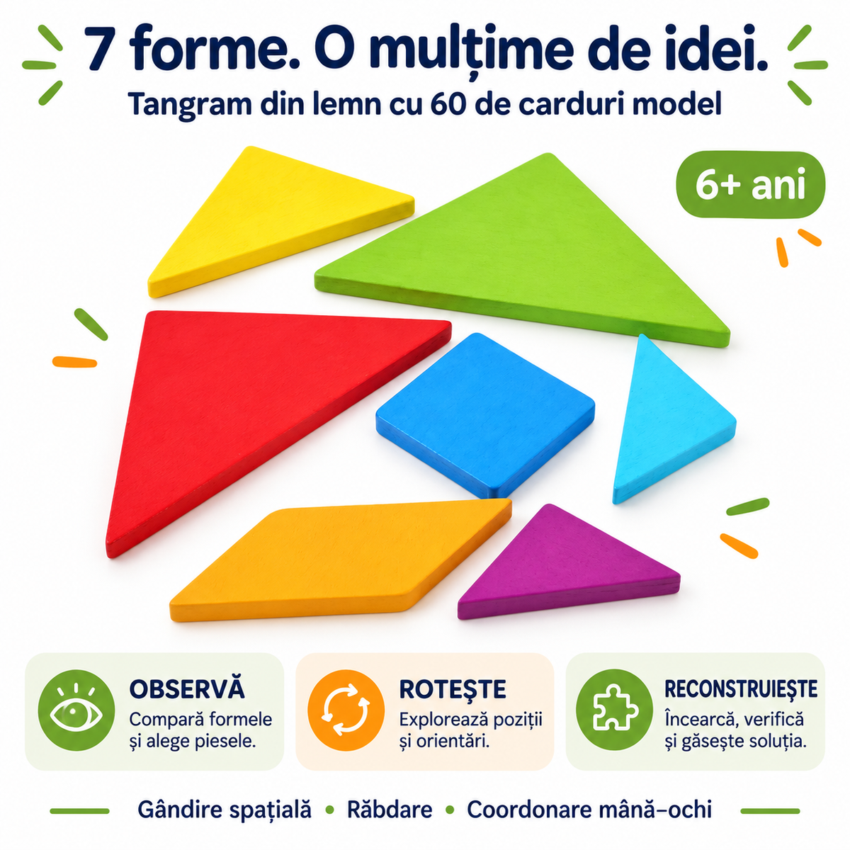 Cele șapte piese colorate ale tangramului din lemn, cu pașii observă, rotește și reconstruiește, pentru copii de la 6 ani.