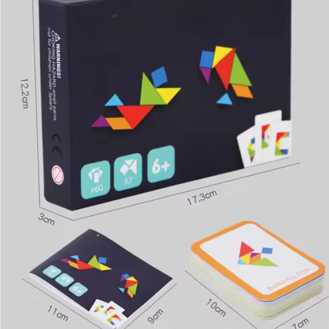 Dimensiunile cutiei tangram, ale cardurilor model și ale broșurii incluse.