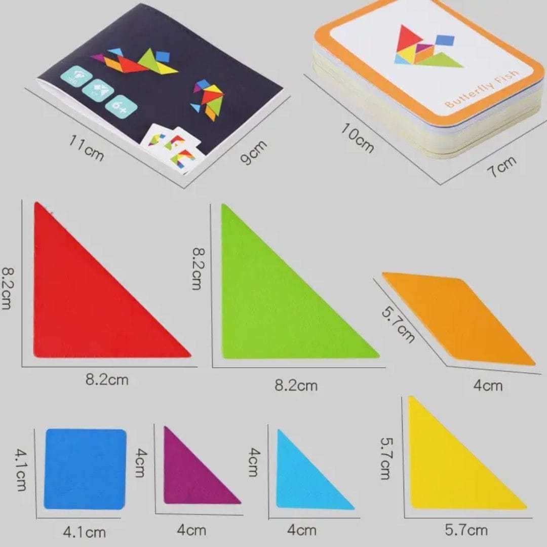 Dimensiuni ilustrate pentru piesele tangram, cardurile model și broșură.