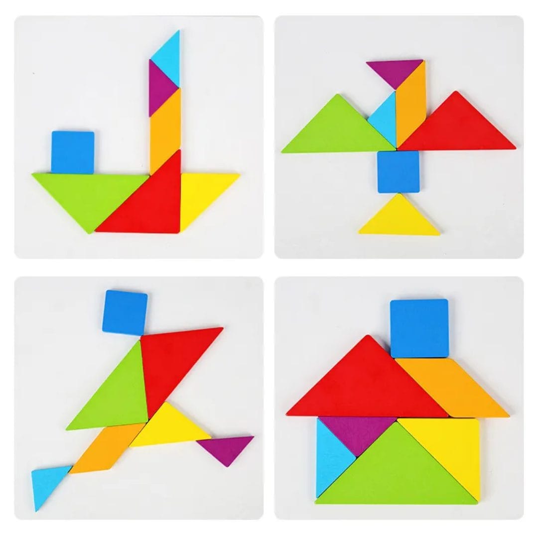 Patru exemple de figuri construite din piesele colorate ale tangramului.
