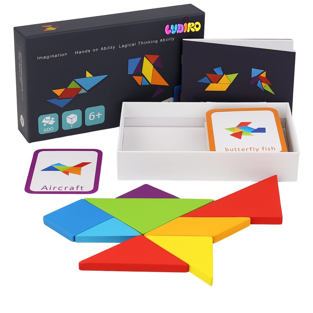 Tangram din lemn cu șapte piese colorate, carduri model, broșură și cutie LUDIRO.