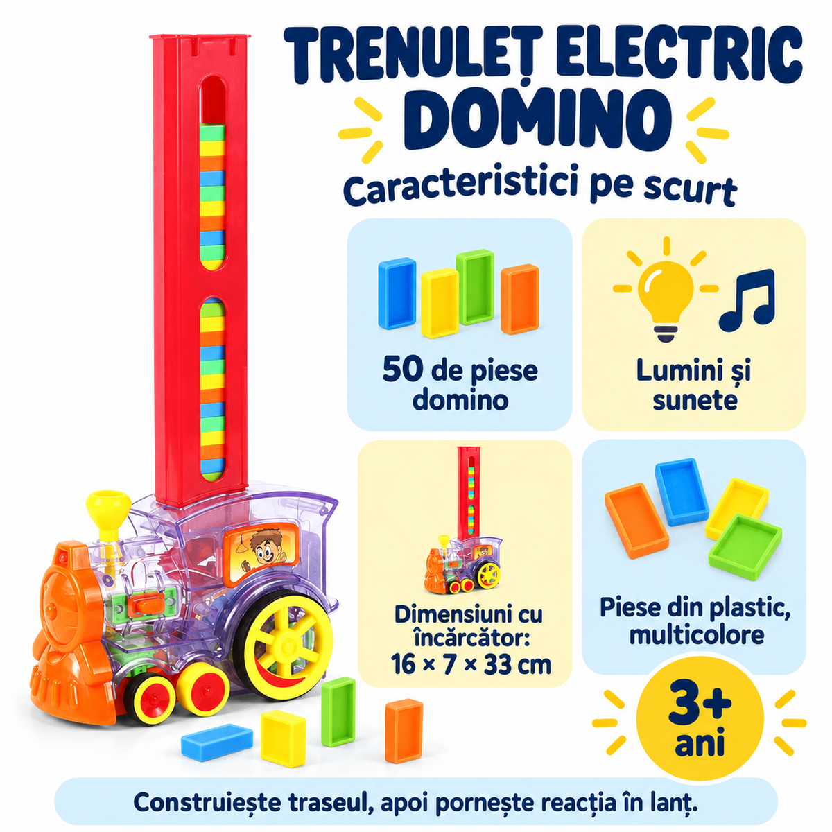 Trenuleț electric cu 50 de piese domino, lumini și sunete, dimensiuni de 16 × 7 × 33 cm și recomandare 3+ ani.