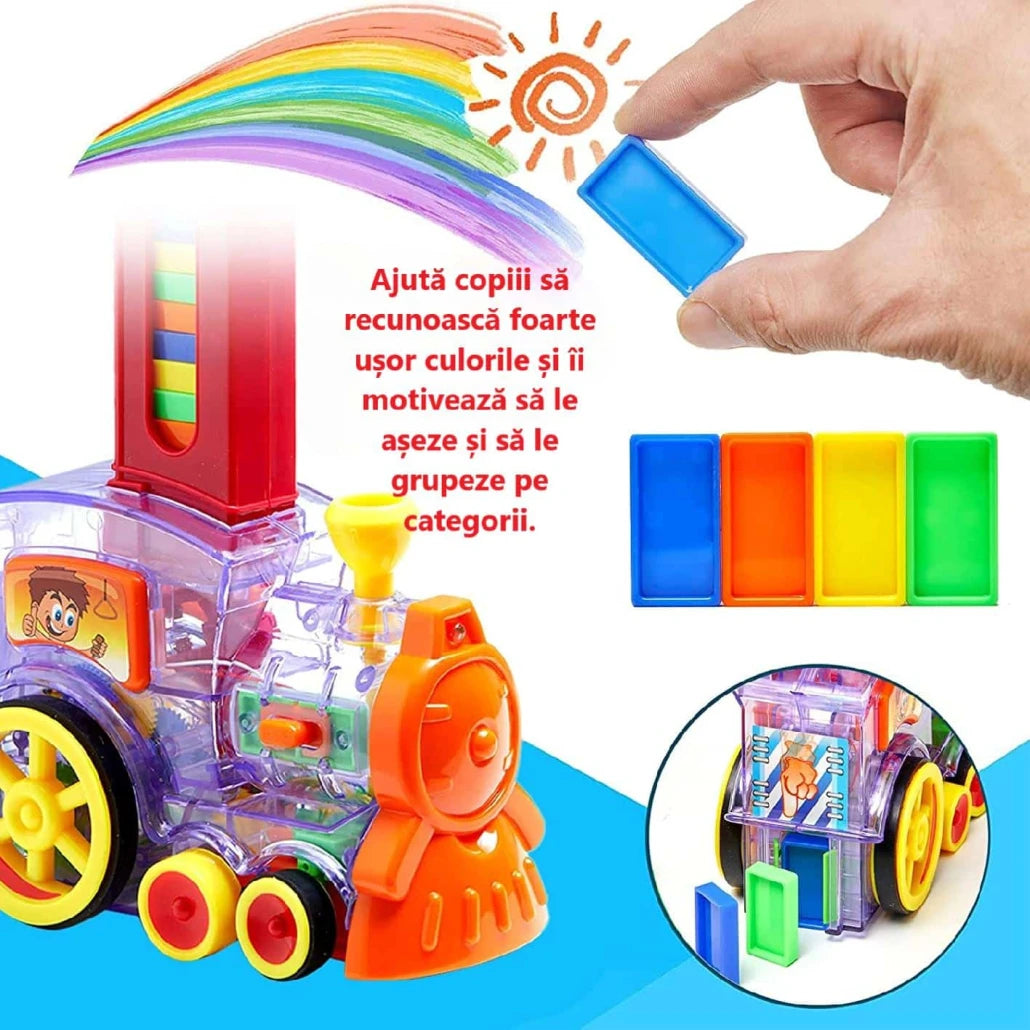 Detalii ale trenulețului domino și piese de culori diferite pentru sortare.