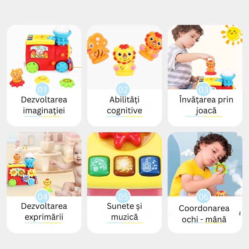 Idei de joacă prin conectarea pieselor și rotirea angrenajelor trenulețului