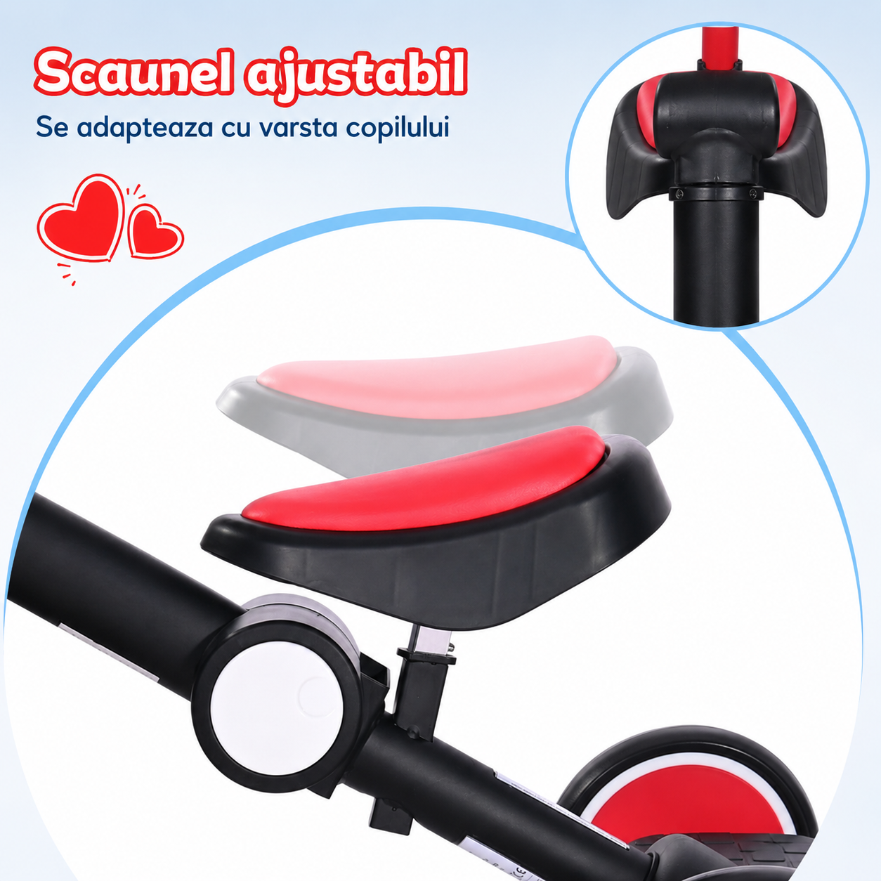 Tricicletă Pliabilă 2 în 1 pentru Copii 3-6 Ani – Cadru Oțel Carbon, Scaun Ajustabil, Pedale Detașabile, Roți din Spumă Antialunecare, Certificare EN 71, Roșu-Negru - LUDIRO