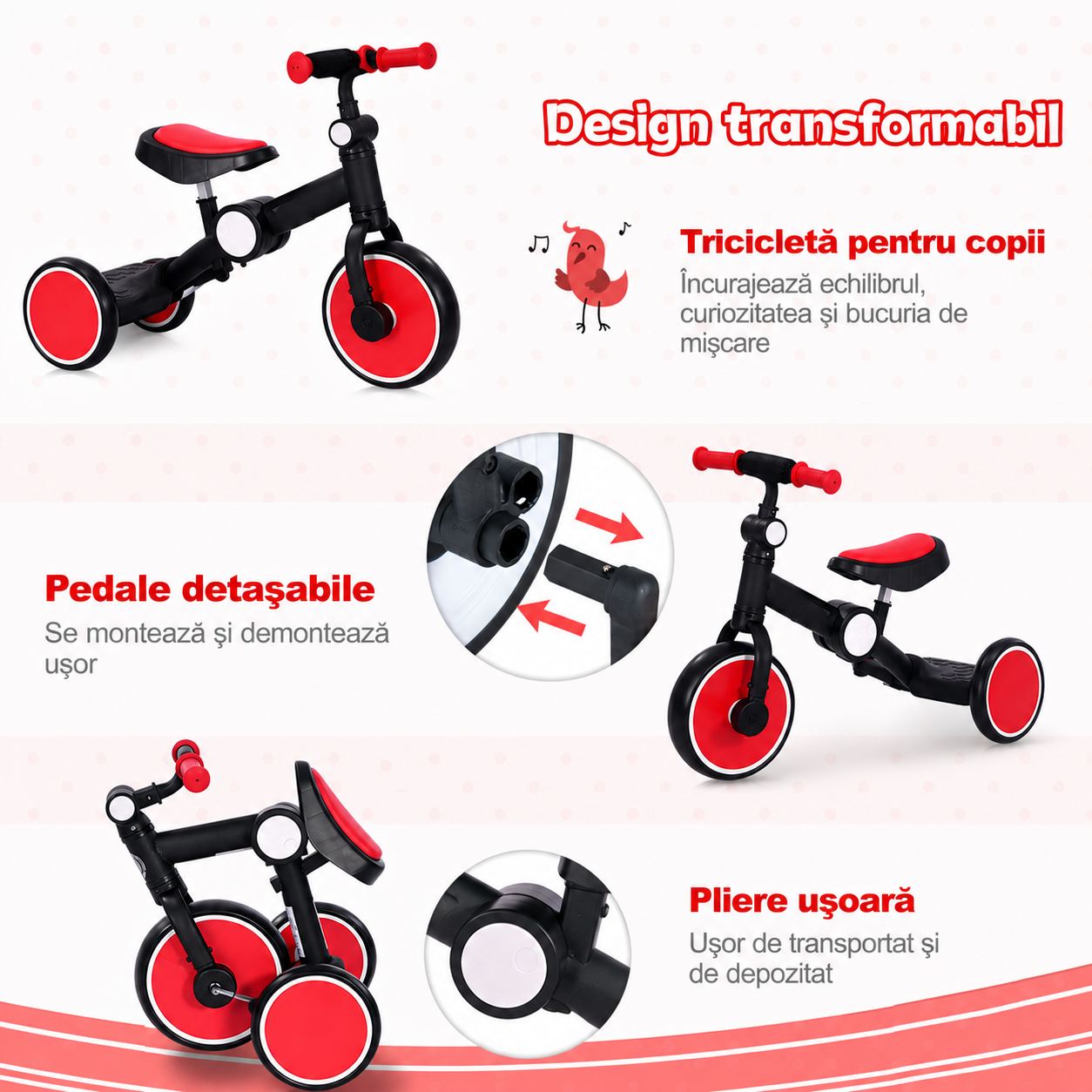 Tricicletă Pliabilă 2 în 1 pentru Copii 3-6 Ani – Cadru Oțel Carbon, Scaun Ajustabil, Pedale Detașabile, Roți din Spumă Antialunecare, Certificare EN 71, Roșu-Negru - LUDIRO