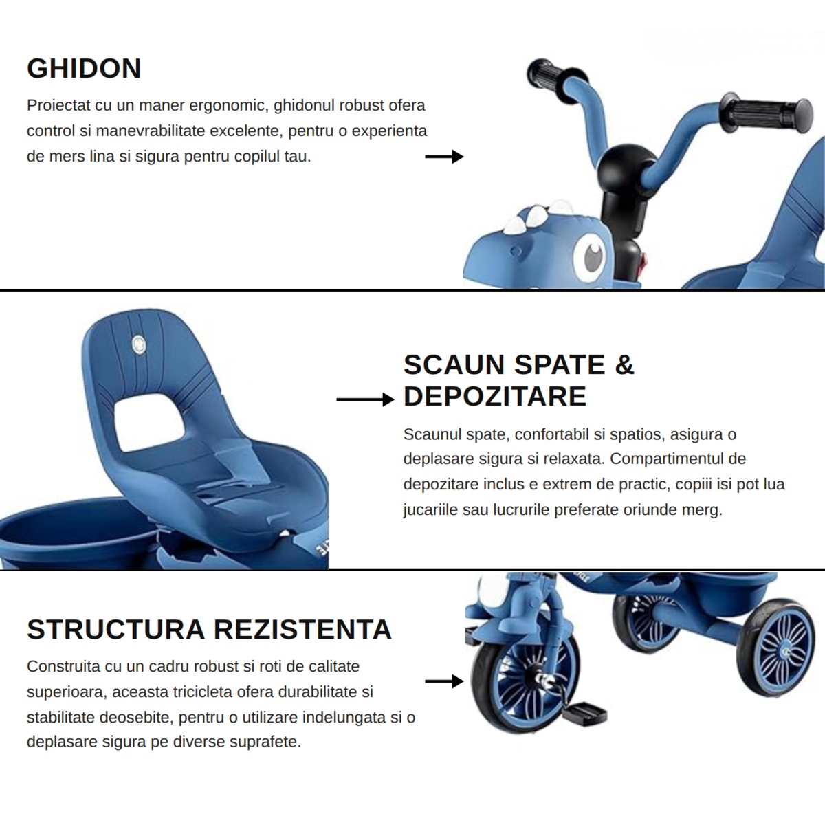 LUDIRO Tricicleta Copii Dinozaur Albastru - detaliu ghidon si scaun ergonomic cu spatar