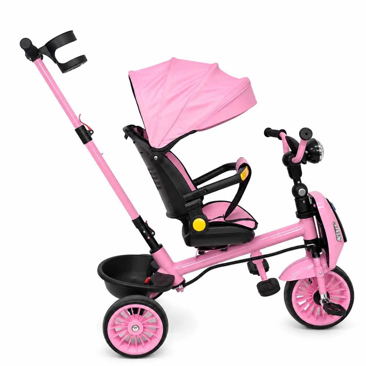 LUDIRO Tricicletă 4 în 1 cu mâner parental, roz — vedere laterală, prim-plan, mod plimbare
