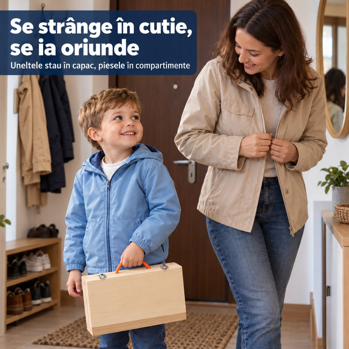 Băiat care duce de mâner trusa de unelte din lemn închisă, pregătit de plecare împreună cu mama