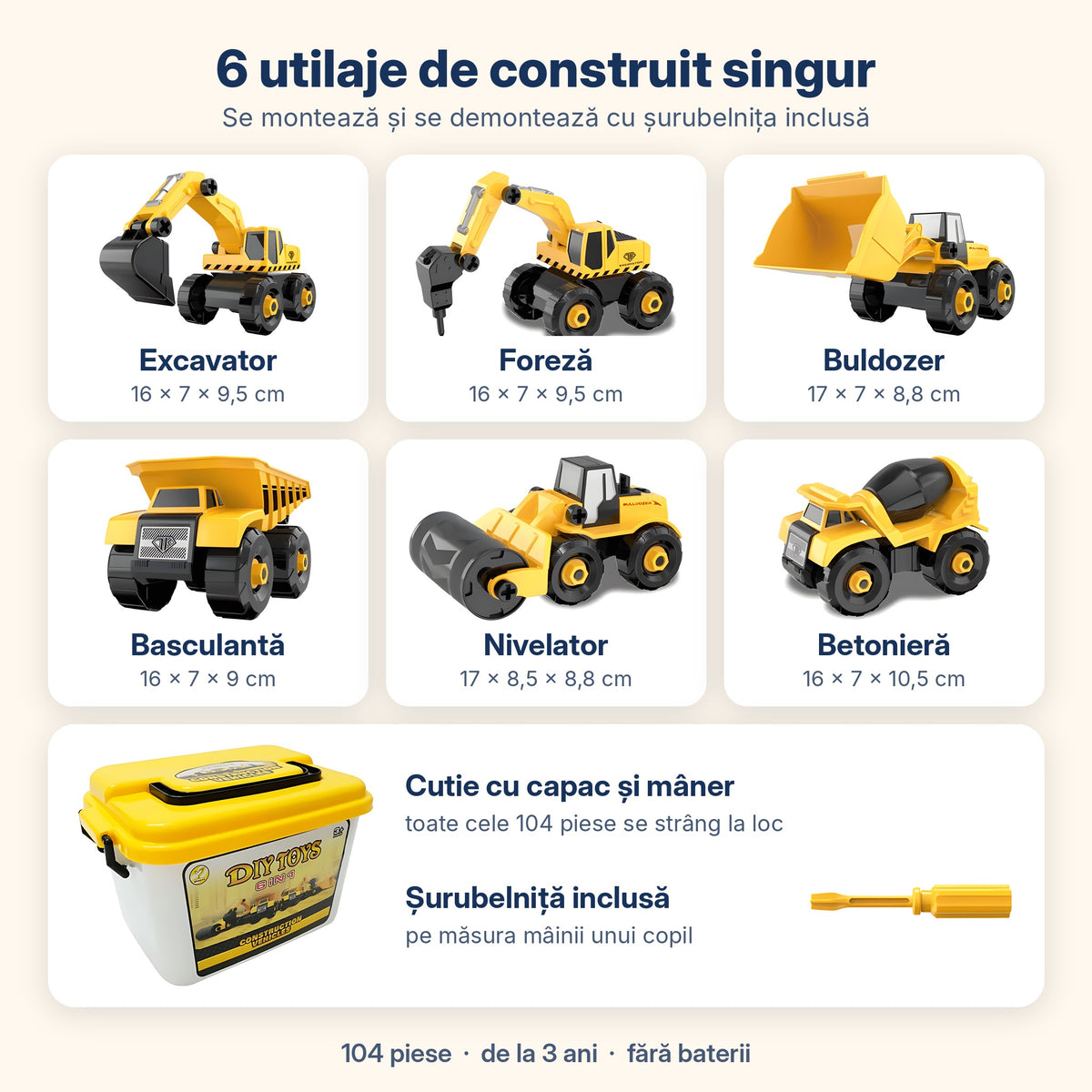 Conținutul setului: excavator, foreză, buldozer, basculantă, nivelator, betonieră, șurubelniță și cutie