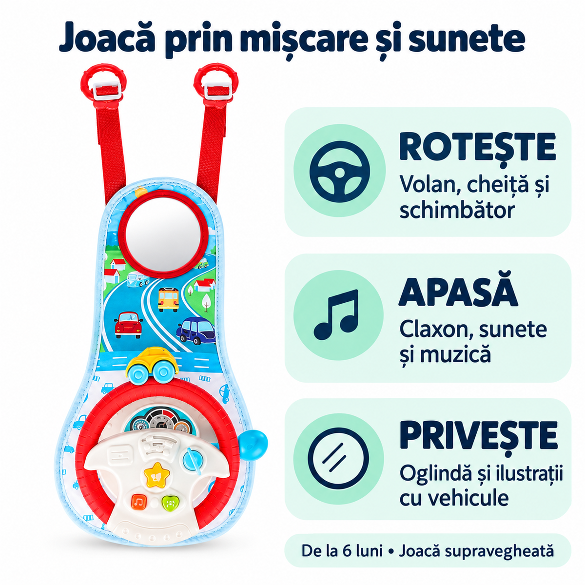 Activitățile volanului LUDIRO: rotirea comenzilor, apăsarea butoanelor audio și explorarea oglinzii.