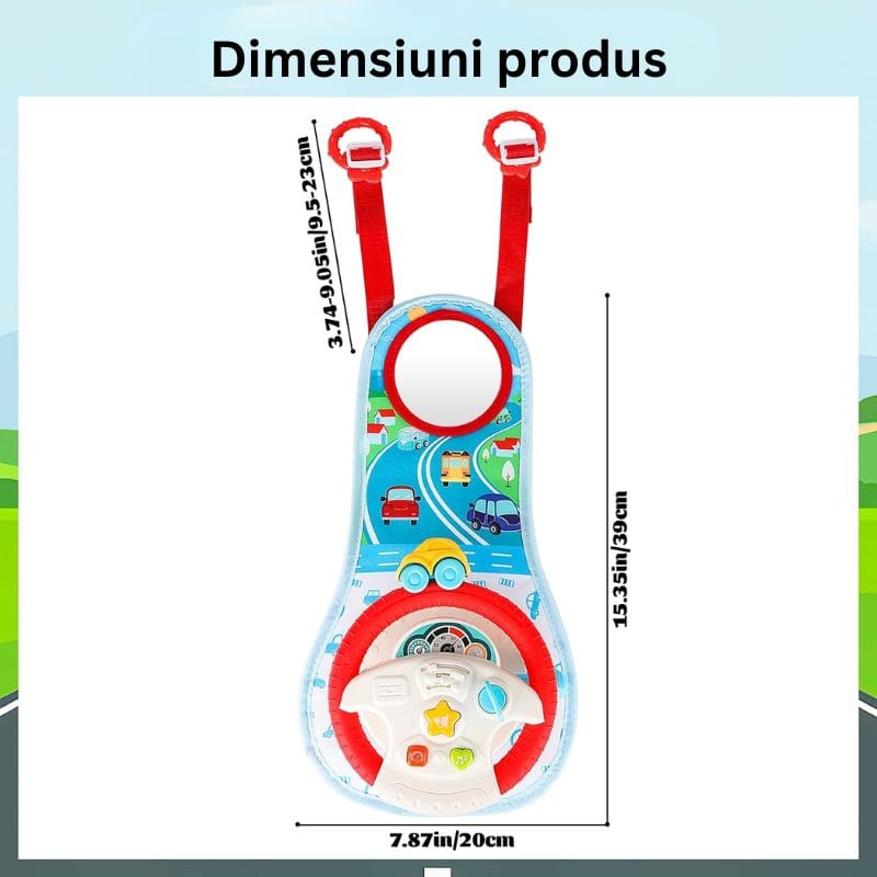 Dimensiunile panoului cu volan LUDIRO: 39 cm înălțime, 20 cm lățime și curele reglabile de 9,5–23 cm.