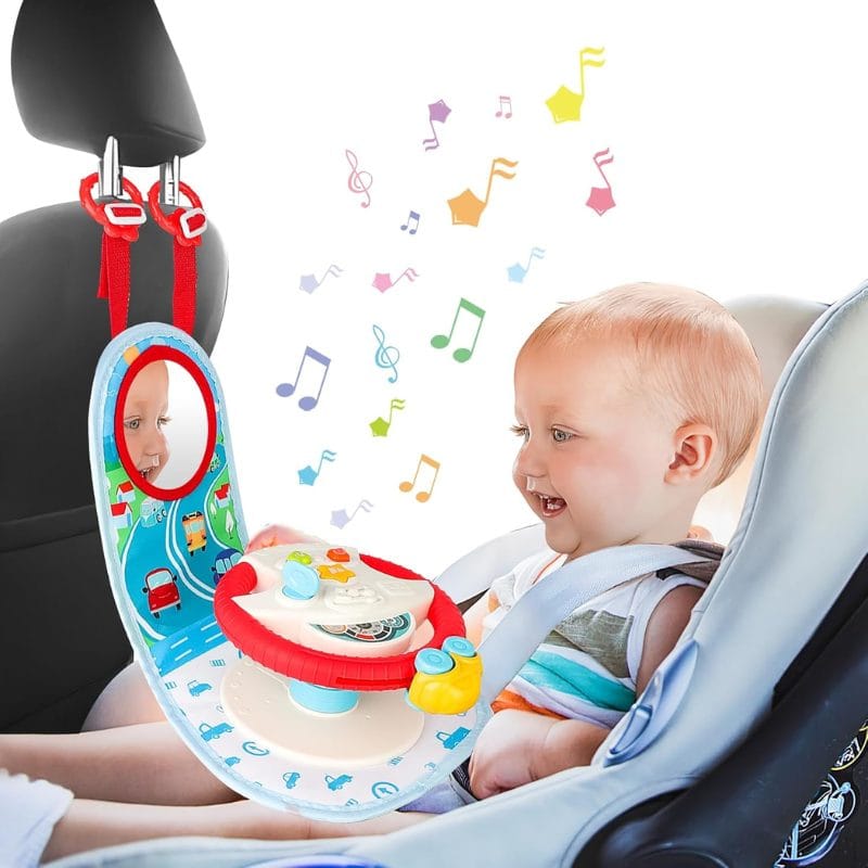 Volan interactiv LUDIRO cu oglindă, panou bleu și volan roșu, prezentat lângă un copil în scaun auto.