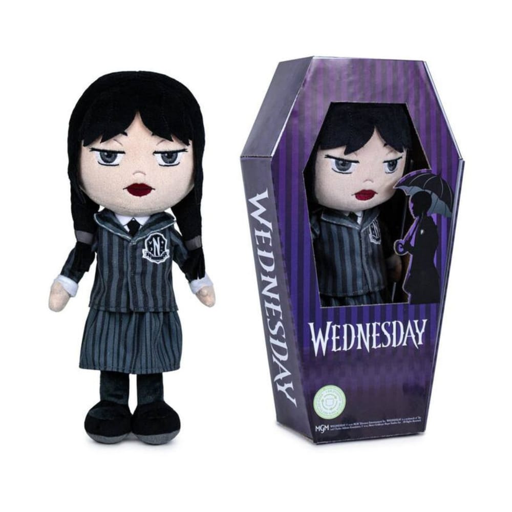 Jucărie de Pluș Wednesday Addams, Uniforma Nevermore Academy (27 cm), Păpușă de Colecție Premium cu Detalii Realiste, în Cutie Formă de Sicriu - Play by Play