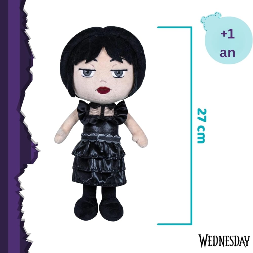Jucărie de Pluș Wednesday Addams, Rochia Neagră de Bal (27 cm), Păpușă de Colecție Premium cu Detalii Realiste, în Cutie Formă de Sicriu - LUDIRO
