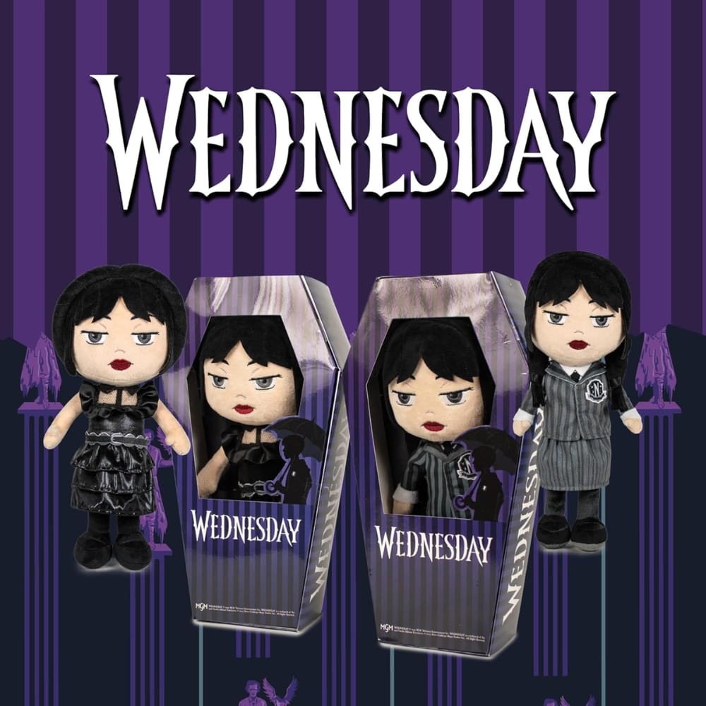 Jucărie de Pluș Wednesday Addams, Rochia Neagră de Bal (27 cm), Păpușă de Colecție Premium cu Detalii Realiste, în Cutie Formă de Sicriu - LUDIRO