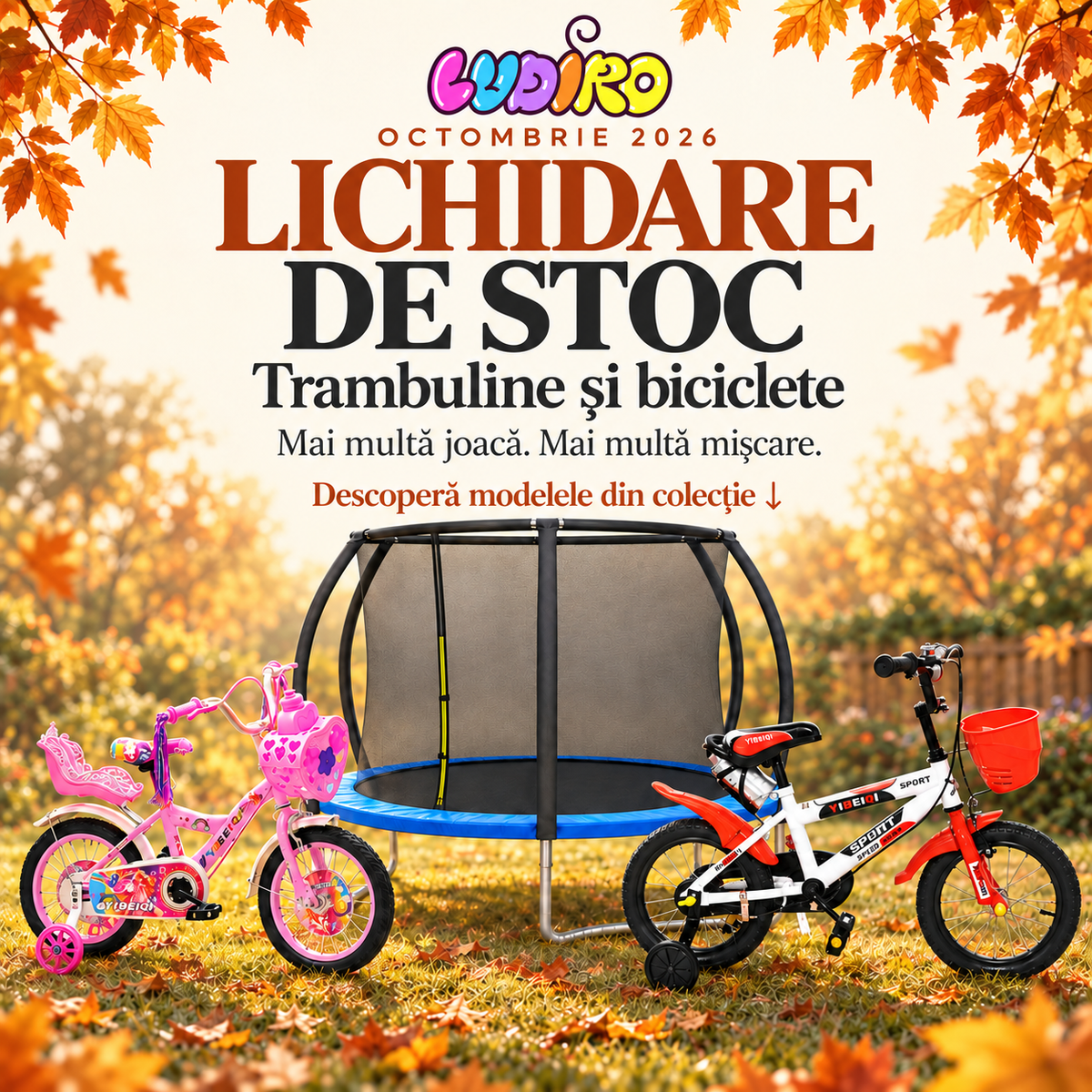 Lichidare de stoc LUDIRO, octombrie 2026: trambulină albastră cu plasă de protecție și biciclete pentru copii, pe fundal de toamnă.