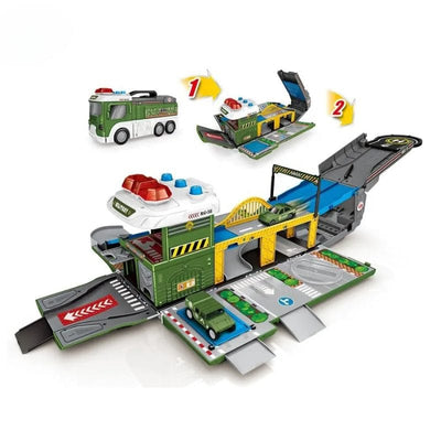 Set de Joaca Camion 2 in 1 Transformabil in Vehicul Militar, cu Masini, Elicopter, Rampa si Sunete Realiste, Jucarie Educativa pentru Copii, Stimuleaza Invatarea prin Joaca,+ 3 Ani - LUDIRO